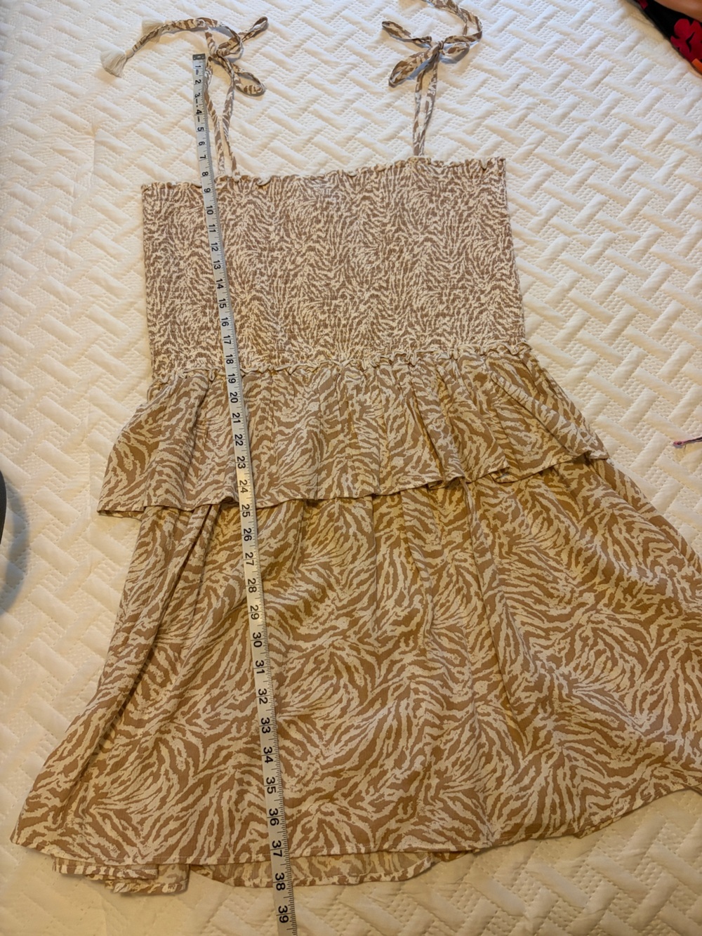 aerie | Beige Tiered Mini Dress with Smocked Top and Tie Straps - Picture 9 of 9